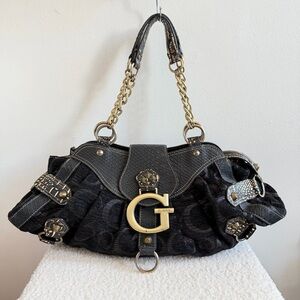 Rare Y2K Guess East West Shoulder Bag Black Velvet Faux Alligator Gold Hardware